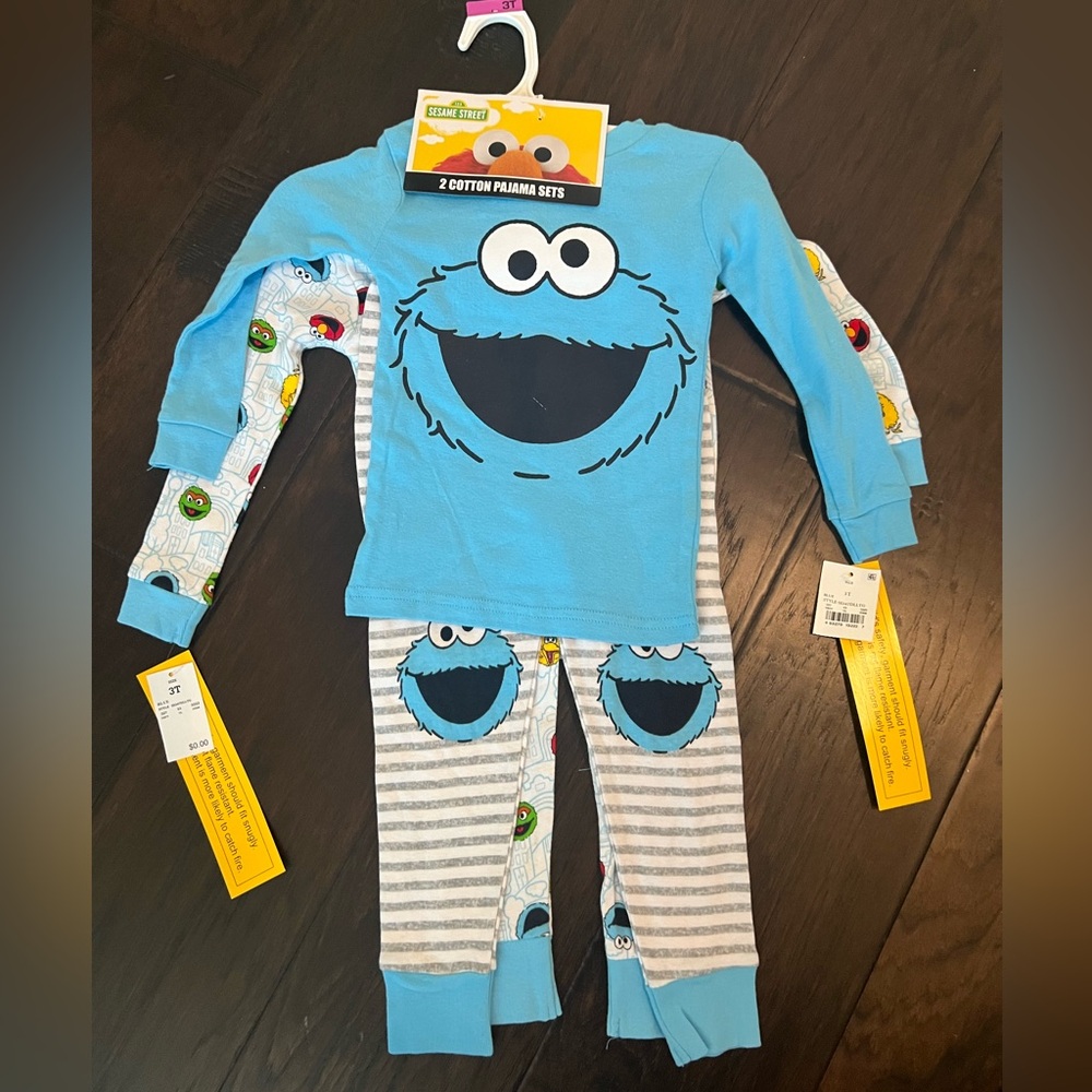 2 sets of Cookie Monster (Sesame Street) long sleeve pajamas, 3T, New with tags